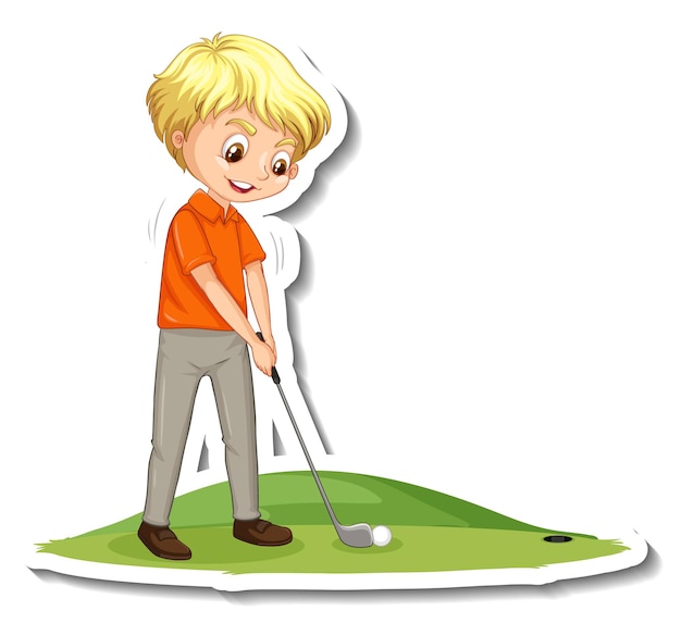 Sticker van stripfiguur met een jongen die golf speelt