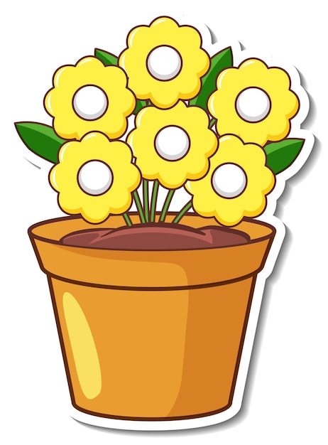 Gratis vector stickerontwerp met gele bloemen in een geïsoleerde pot