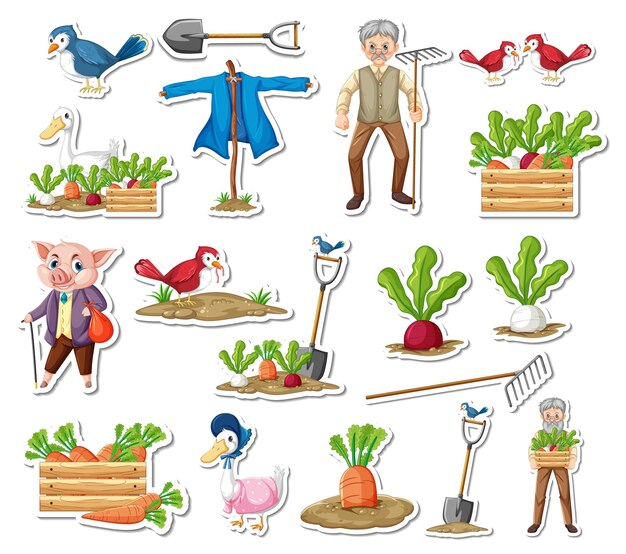 Stickerpakket met boerderijvoorwerpen en oude stripfiguren van boeren
