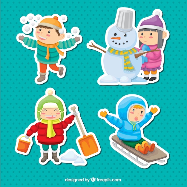 Stickers van mooie kinderen genieten met de sneeuw