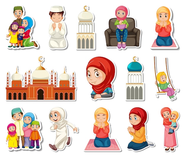 Gratis vector stickerset met islamitische religieuze symbolen en stripfiguren
