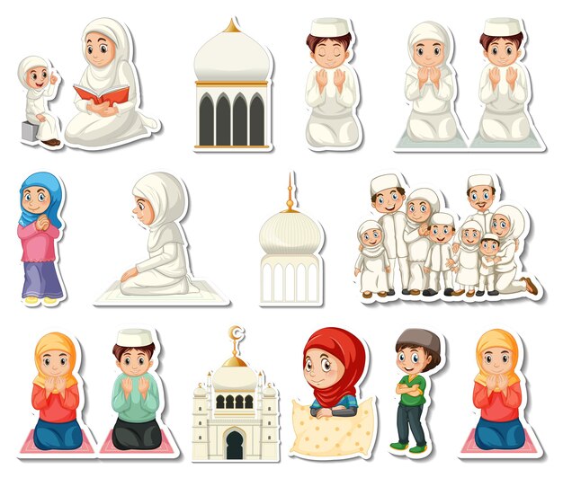 Stickerset met islamitische religieuze symbolen en stripfiguren
