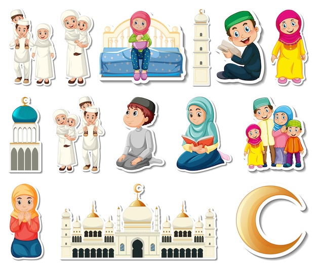 Gratis vector stickerset met islamitische religieuze symbolen en stripfiguren