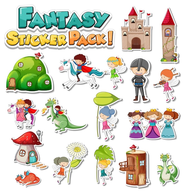 Gratis vector stickerset met verschillende fantasie stripfiguren