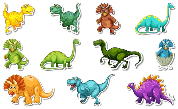 Gratis vector stickerset met verschillende soorten stripfiguren van dinosaurussen