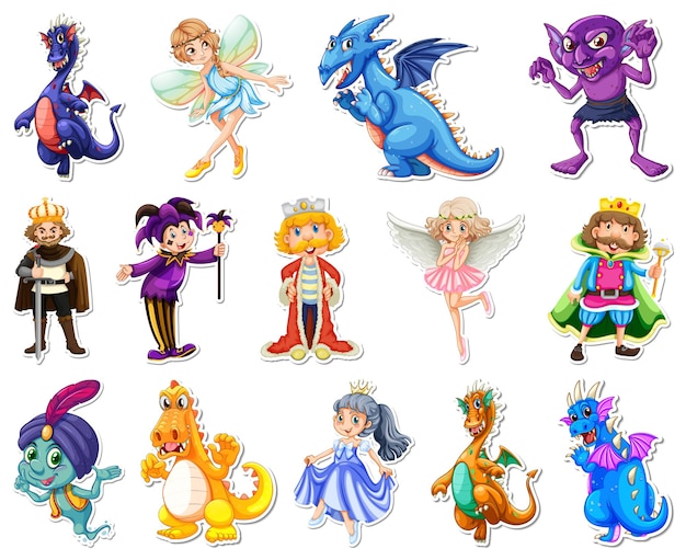Stickerset met verschillende sprookjesachtige stripfiguren