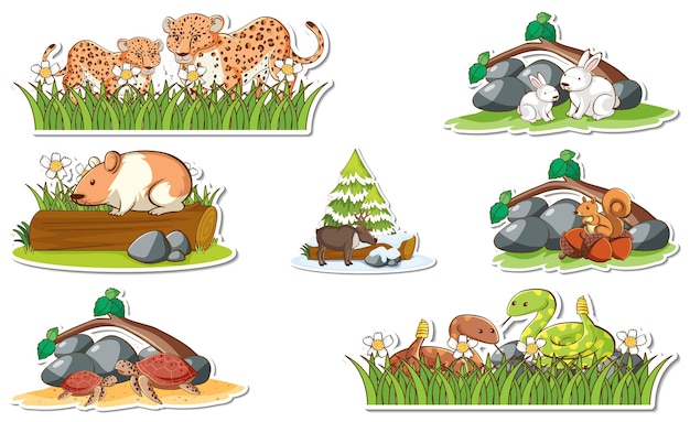 Stickerset met verschillende wilde dieren en natuurelementen