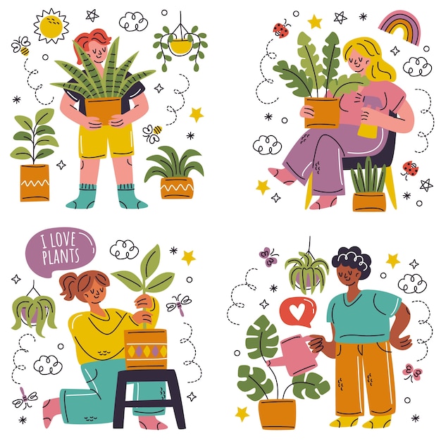 Gratis vector stickerset plantenverzorging