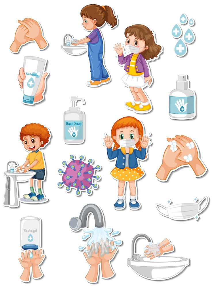 Gratis Vector stickerset van covid19 en stripfiguren