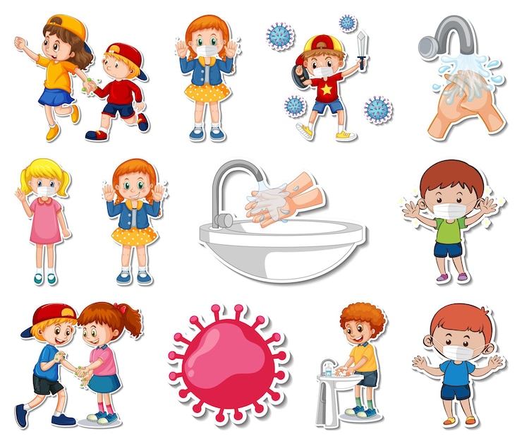 Gratis Vector stickerset van covid19-pictogrammen en stripfiguren