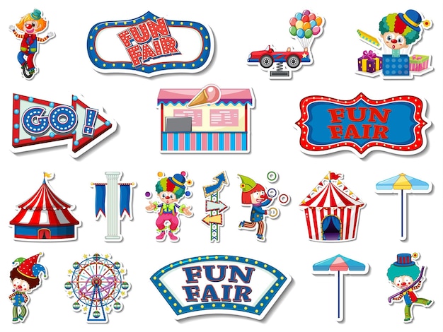 Gratis vector stickerset van pretpark en kermisobjecten