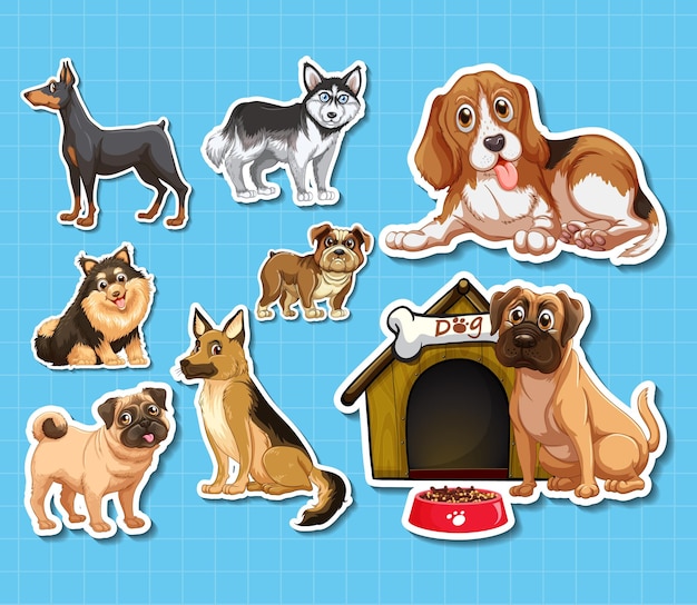 Gratis vector stickerset van verschillende honden cartoon