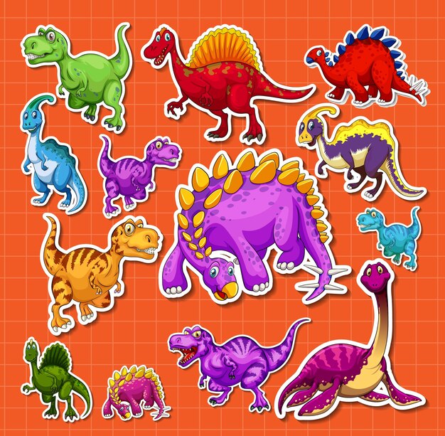 Stickerset van verschillende stripfiguren van dinosaurussen