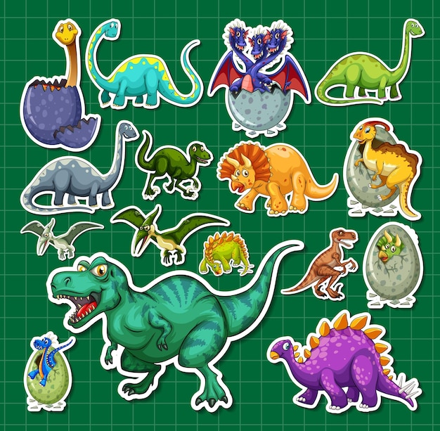 Gratis vector stickerset van verschillende stripfiguren van dinosaurussen