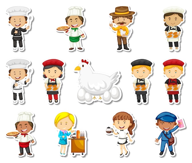 Gratis vector stickerset van verschillende stripfiguren voor beroepen