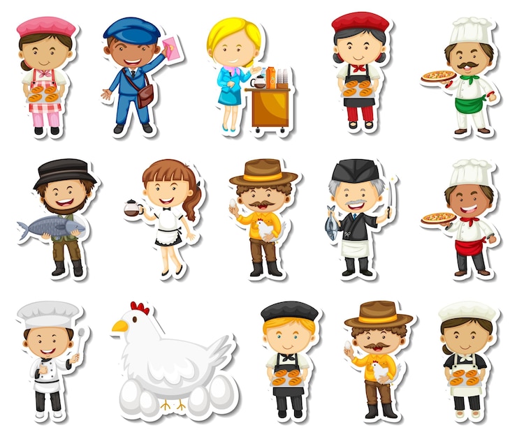 Gratis Vector stickerset van verschillende stripfiguren voor beroepen