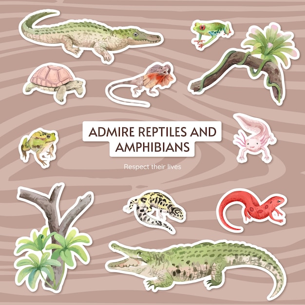 Gratis vector stickersjabloon met dierlijk concept van reptielen en amfibieën, aquarelstijl