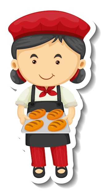 Gratis vector stickersjabloon met een bakkersmeisje houdt gebakken dienblad geïsoleerd