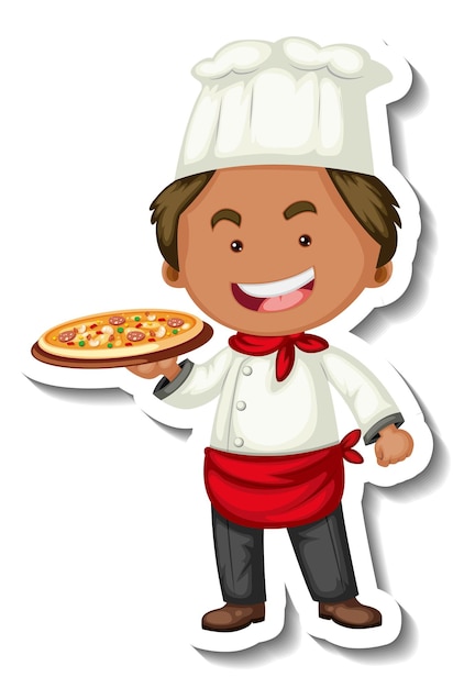 Gratis vector stickersjabloon met een chef-kok houdt pizzadienblad geïsoleerd