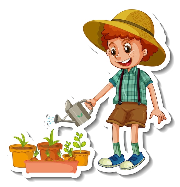 Gratis vector stickersjabloon met een geïsoleerd karakter van het stripfiguur van een jongen die een plant water geeft
