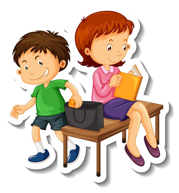 Stickersjabloon met een geïsoleerd stripfiguur voor een paar kinderen