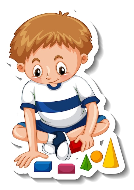 Stickersjabloon met een jongen die met zijn speelgoed speelt geïsoleerd