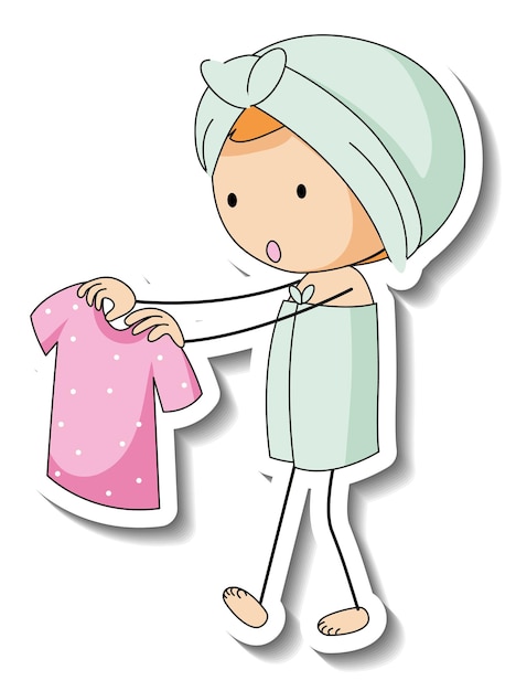 Stickersjabloon met een kind met een handdoek op een witte achtergrond