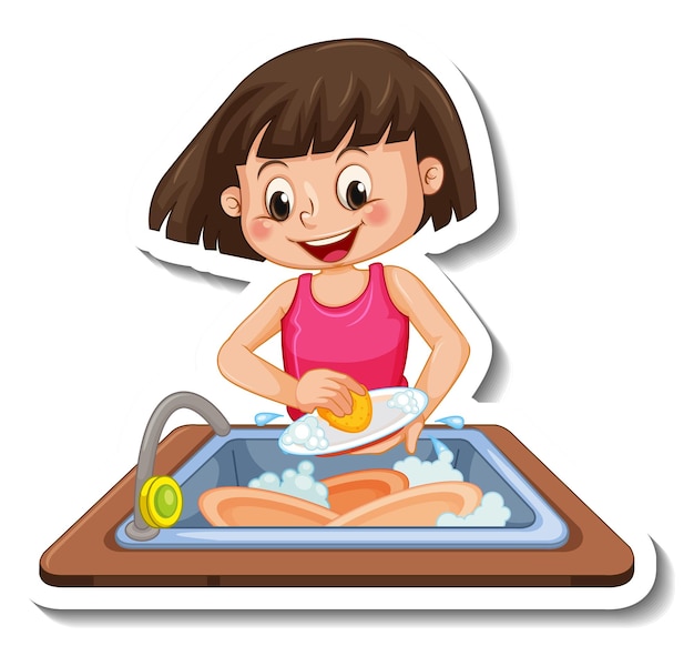 Stickersjabloon met een meisje dat afwas geïsoleerd Gratis Vector
