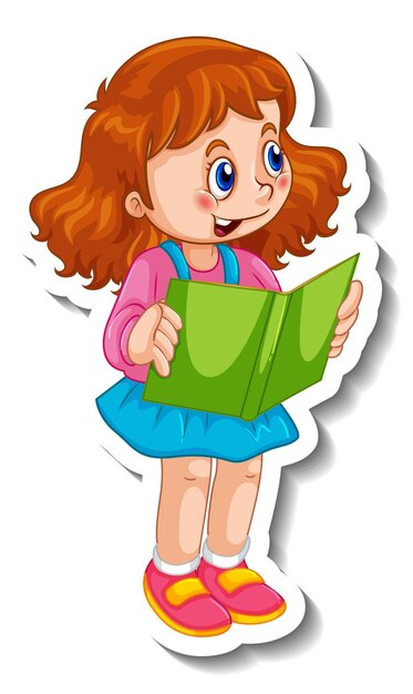 Stickersjabloon met een meisje dat een boek leest geïsoleerd