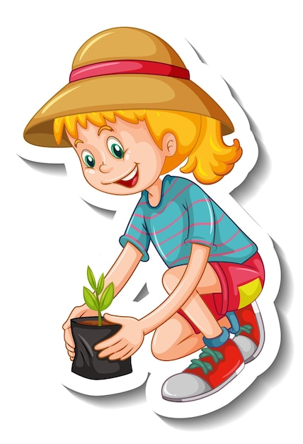 Stickersjabloon met een meisje dat een kleine boom plant geïsoleerd