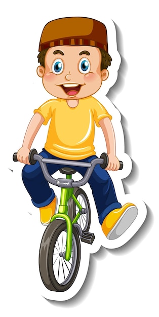 Gratis vector stickersjabloon met een moslimjongen die op een geïsoleerde fiets rijdt