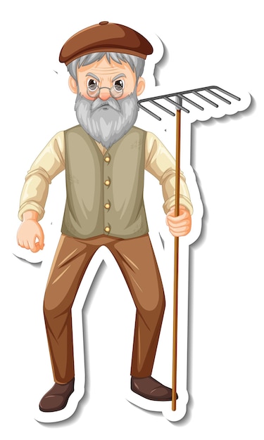 Gratis vector stickersjabloon met een oude man van een tuinman houdt harktuingereedschap geïsoleerd