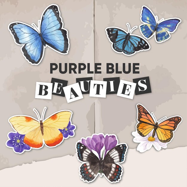 Stickersjabloon met paarse en blauwe vlinder in aquarelstijl
