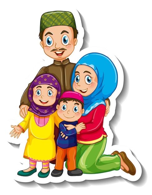 Stickersjabloon met stripfiguur van moslimfamilie