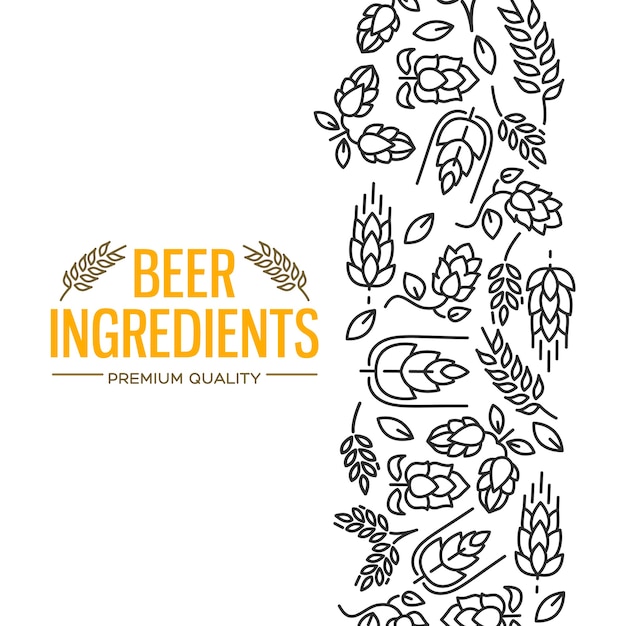 Stijlvol design kaartje met afbeeldingen rechts van de gele tekst bier ingrediënten van bloemen, takje hop, bloesem, mout