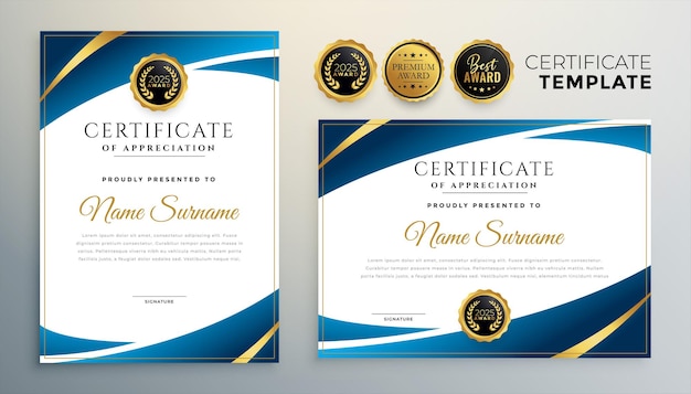 Stijlvolle blauwe premium certificaatsjabloon ontwerpset