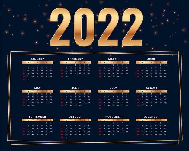 Stijlvolle gouden 2022 kalender ontwerpsjabloon