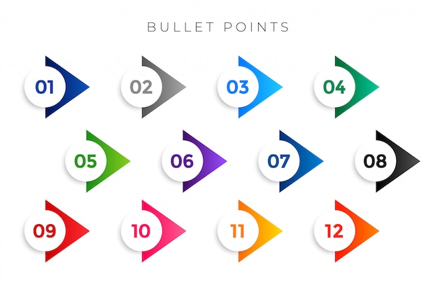 Stijlvolle pijl opsommingstekens nummers van één tot twaalf