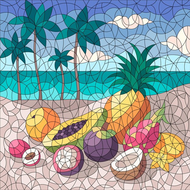 Stilleven kleuren compositie met mozaïek lijnen en strand landschap met exotische vruchten liggend op de grond vectorillustratie