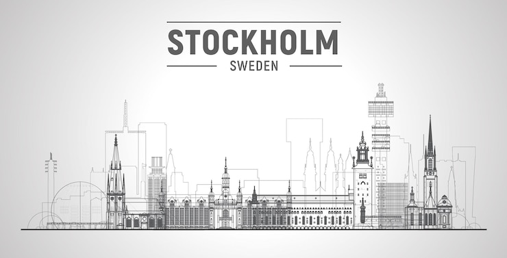 Gratis Vector stockholm zweden lijn skyline met panorama op witte achtergrond vector illustratie zakelijk reizen en toerisme concept met moderne gebouwen afbeelding voor presentatie banner website