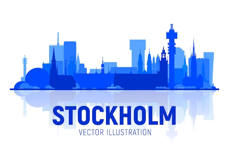 Gratis Vector stockholm zweden skyline silhouet met panorama op witte achtergrond vector illustratie zakelijk reizen en toerisme concept met moderne gebouwen afbeelding voor presentatie banner website