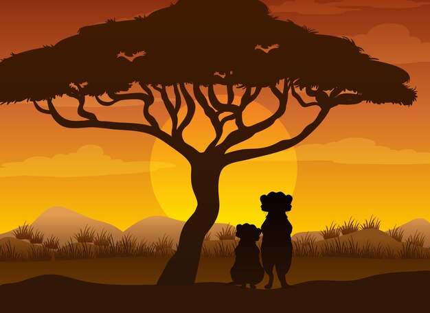Stokstaartjes silhouet bij savannebos
