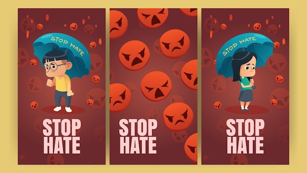 Stop hate-posters met aziatische kinderen onder paraplu's en vallende rode boze emoji vector verticale banners van protest tegen racisme en haat met cartoonillustratie van verdrietig meisje en jongen uit azië