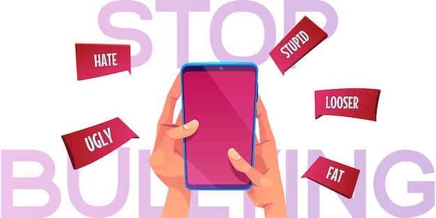 Stop met pesten cartoon banner handen met smartphone met vervelende namen die uit het scherm vliegen