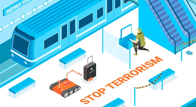 Stop terrorisme met ondergrondse beveiligingssymbolen isometrische illustratie