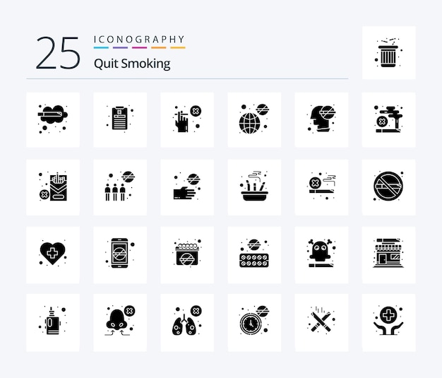 Stoppen met roken 25 solid glyph-pictogrampakket inclusief wereld zonder sigarettengezondheidssigaret