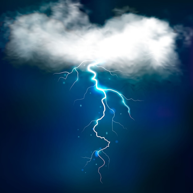 Gratis vector stormeffecten met heldere blikseminslag van wit verlichte wolk op nachtelijke hemel vectorillustratie