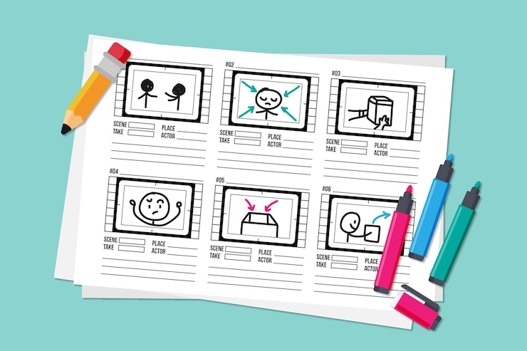 Gratis Vector storyboard concept met potlood en markeerstiften