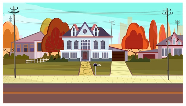 Gratis vector straat met cottage huizen en herfst bomen