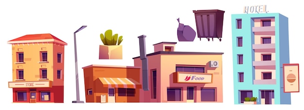 Gratis vector straat stadselementen voor het creëren van het buitenlandschap van het centrum cartoon vector set van stads gebouwen met meerdere verdiepingen met café en winkel lantaarn en plant in pot decoratie vuilnis en vuilnisbak